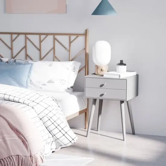 HOMCOM Modern Bedside Table with 2 Pull Out Drawers, Side End Table with Display Tabletop and Solid Acacia Legs, gray image {2}