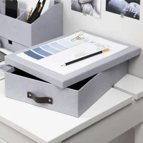 Bigso Oskar Document Letter Box with Lid and Leather Handle &ndash; Canvas Fiberboard File Organizer, 3.3" x 10.2" x 13.8" image {4}