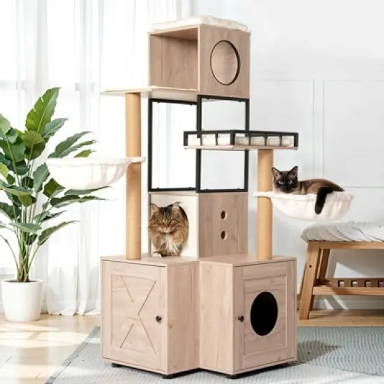 Lirago Rustic Gray Cat Tree 25.6x25.6x63"-63" Multi-Functional Litter Box Tower image {1}