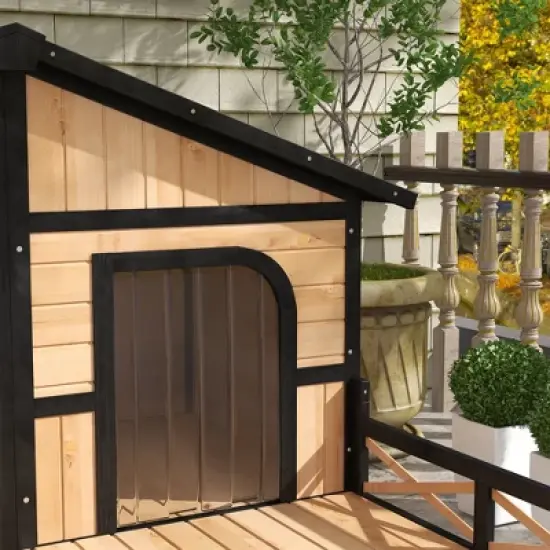 PawHut 59"x64"x39" Wood Large Dog House Cabin Style Elevated Pet Shelter w/Porch Deck image {5}