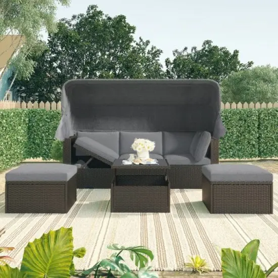 Outdoor Patio Daybed with Retractable Canopy, Sectional Seating Set with Adjustable Table and Washable Cushions for Garden or Backyard-Maison Boucle image {8}