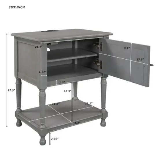 Nightstand with USB Charging Port, Cabinet with Two Built-in Shelves and One Open Storage - ModernLuxe image {2}