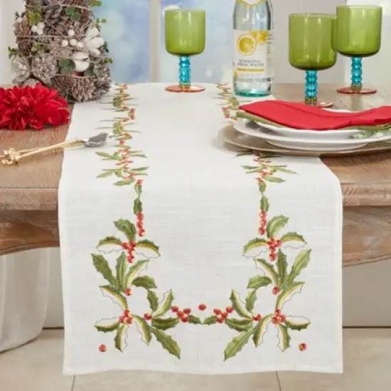 Saro Lifestyle Holly Embroidery Christmas Table Runner image {1}