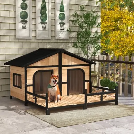 PawHut 59"x64"x39" Wood Large Dog House Cabin Style Elevated Pet Shelter w/Porch Deck image {2}