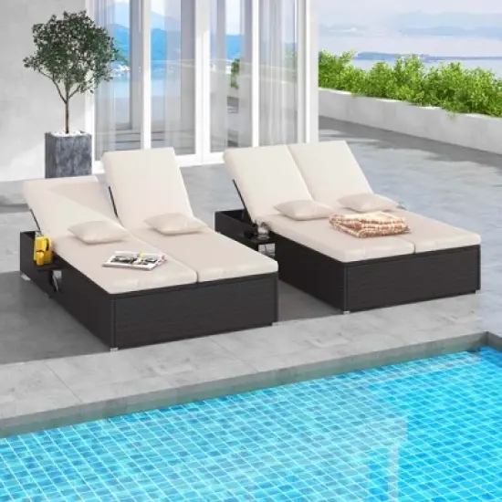 Costway Outdoor Patio Daybed PE Wicker Double Chaise Lounge with Adjustable Backrests image {3}