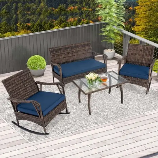Tangkula Set of 4 Wicker Rocking Set 2 Patio Rattan Rocker Chairs w/Loveseat & Coffee Table Heavy-Duty Metal Frame & Bungee Rope Seat Navy image {10}