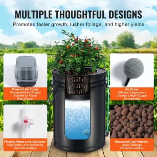VEVOR DWC Hydroponics Grow System, Hydroponic Growing System with Top Drip Kit, Deep Water Culture 5-Gallon 4 Buckets, with Air Pump, Black image {2}