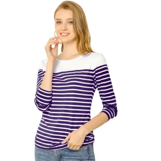 Allegra K Women's Color Block Long Sleeve Striped T-Shirt image {7}