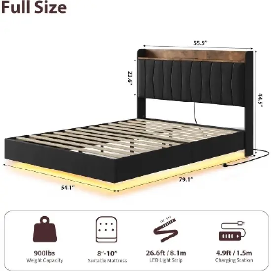 Floating Bed Frame with LED Lights & USB Charging Station &ndash; Modern Upholstered Platform Bed with Headboard, Solid Wood Slats Support image {1}