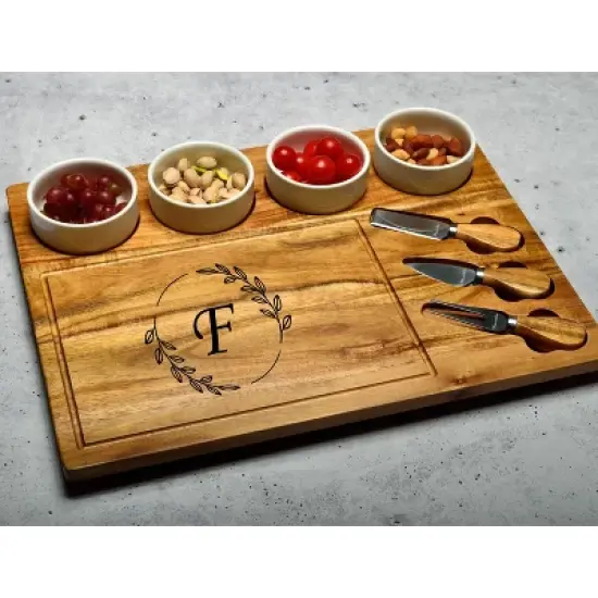 Picnic at Ascot - Large Personalized Monogrammed Premium Acacia Charcuterie Board Set with Ceramic Bowls & Cheese Knives - 17" x 13" image {9}