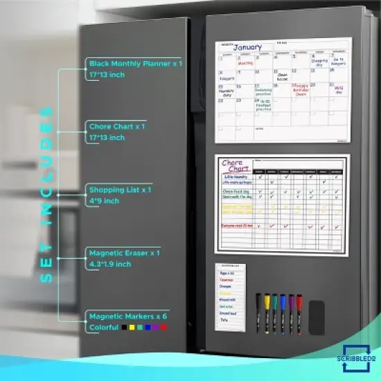 SCRIBBLEDO Magnetic Chore Chart Set 13"x17" Behavior Reward Chart, Monthly Calendar, Shopping List & 6 Markers & Eraser image {6}