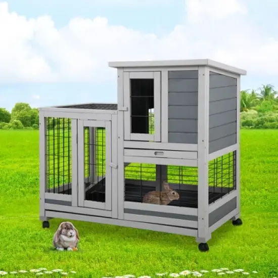 DOMETOUR Wooden Rabbit Hutch, Outdoor Pet Bunny House Wooden Cage with Ventilation Gridding Fence, Openable Door, Cleaning Tray, Gray image {14}