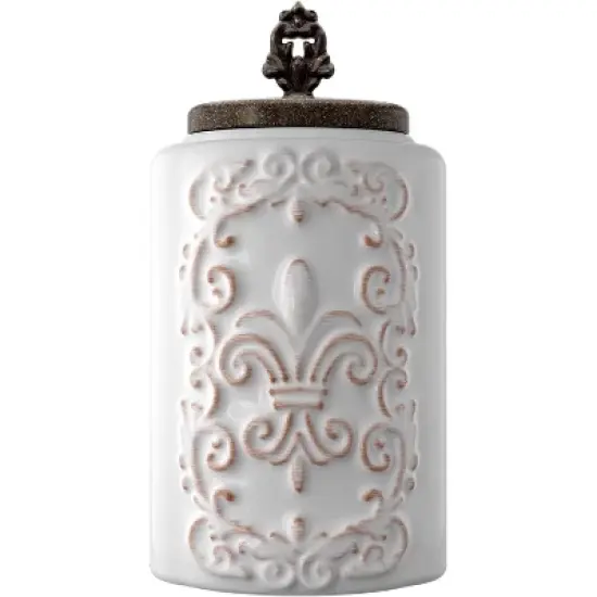 American Atelier Food Storage Ceramic Canister Jar, Fleur De Lis Embossed Design & Airtight Stainless-Steel Lid For Sugar, Flour & More, White image {8}