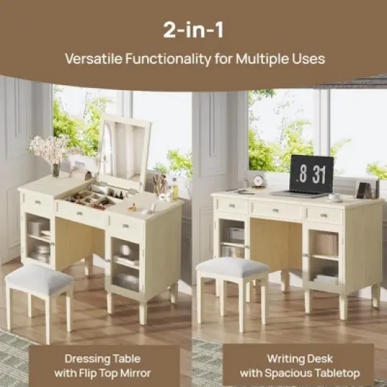 TOBILI 2-in-1 Vanity Desk with Flip-Top Mirror, Dressing Table Set with Drawer & Cabinet, Multi-Functional Computer Writing Desk image {2}