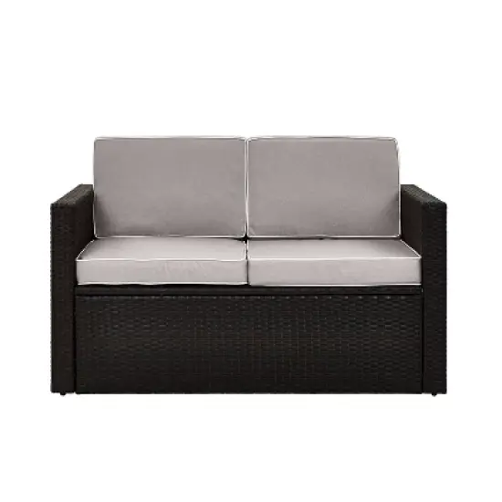 Palm Harbor Outdoor Wicker Loveseat In Brown with Gray Cushions - Crosley image {2}