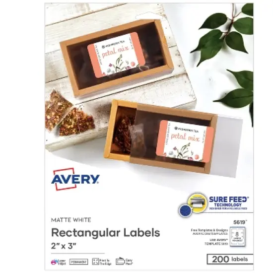 Avery Printable Rectangular Labels with Sure Feed, 2" x 3", Matte White, Permanent Adhesive, Laser & Inkjet Printers, 200 Blank Labels (5619) image {9}