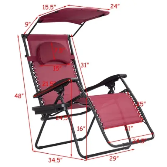 Tangkula Recling Zero Gravity Chair with Drink Tray & Sunshade, Wine image {2}