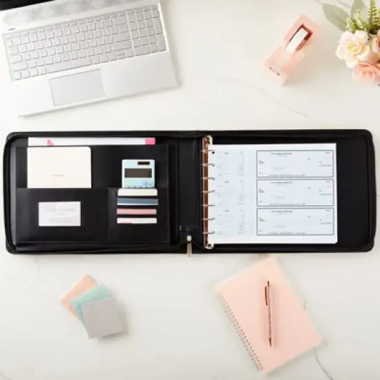 Juvale Rose Gold 7 Ring Business Checkbook Binder with Zipper for Checks, PU Leather, 15 x 11 x 2 In image {1}