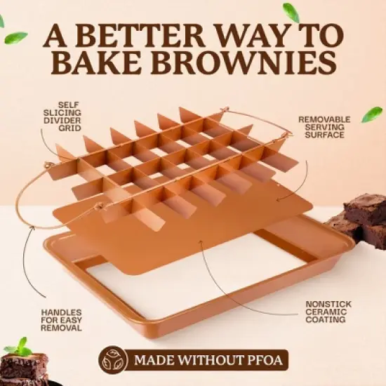 Brooklyn Brownie Copper Pan with Self-Slicing Divider Grid, Nonstick Coated, 24 Precut Slices, Dishwasher Safe image {3}