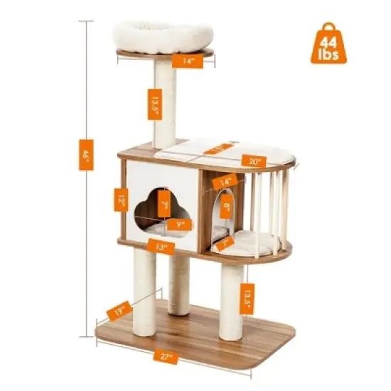 Costway 46'' Modern Wooden Cat Tree with Platform & Washable Cushions for Kittens & Cats image {1}