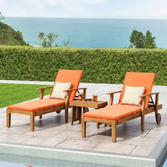 Perla 3pc Outdoor Acacia Wood Chaise Lounge Set with Cushions - Teak/Orange - Christopher Knight Home image {1}