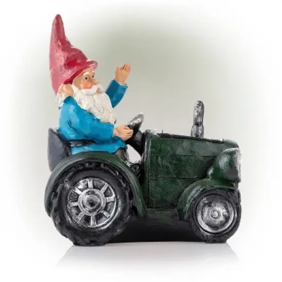 10" Polyresin Solar Tractor Riding Gnome with LED Lights Green - Alpine Corporation image {3}