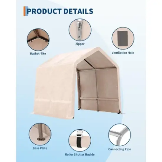 10x10FT Outdoor Storage Shed Carport with  Roll-Up Zipper Door, Portable Garage Storage Shelter Heavy Duty Waterproof PE Tarp for Bike, ATV, Khaki image {2}