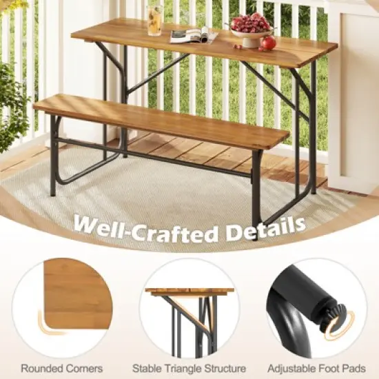Tangkula 2PCS Table Bench Set for 2 Picnic Table & Loveseat w/Acacia Wood Top Metal Legs image {7}