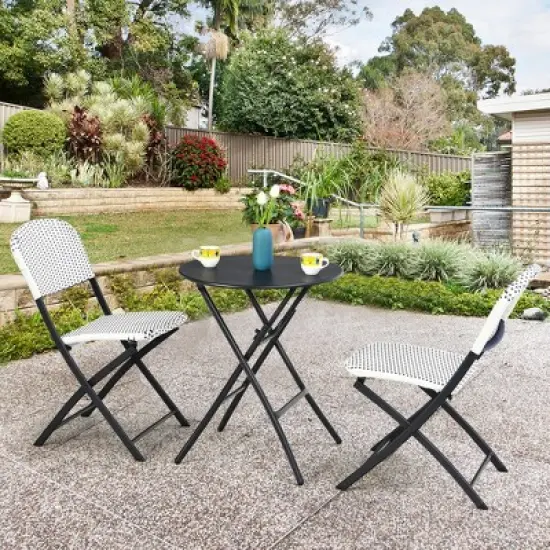 Costway 3PCS Patio Rattan Bistro Set Folding Table Chairs Garden Deck image {1}