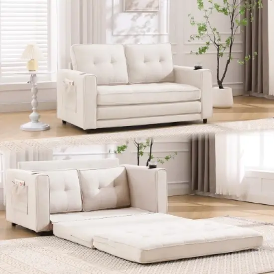 Folding Sofa Bed With Two Storage Pockets,Linen Convertible Foldable Couch Bed,Loveseat Sleeper Sofa,Couches For Living Room,Apartment-Cuddlewood image {2}