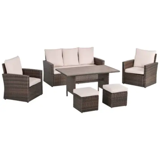 Outsunny 6 PCS Patio Dining Set All Weather Rattan Wicker Furniture Set with Wood Grain Top Table and Soft Cushions image {8}