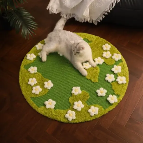 Fairyland&trade; - Floral Cat Garden Sisal Rug &ndash; Round Green Non-Slip Pet & Home Mat with 3D Flowers, Soft Teddy Velvet Accents image {8}