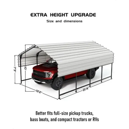 13'x21' heavy-duty metal carport with 10 ft height and 16-gauge poles; perfect permanent shelter for full-sized pickup trucks, boats, and tractors. image {5}