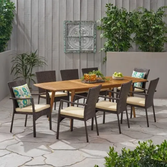 Christopher Knight Home Outdoor Acacia Wood and Wicker 9 Piece Expandable Dining Set with Cushion image {10}