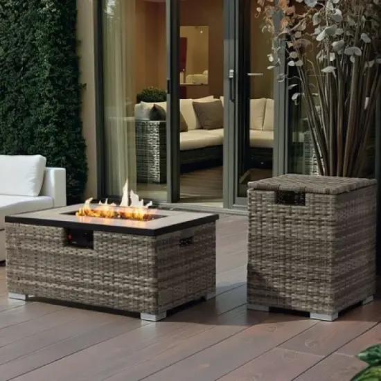 Christopher Knight Home Nathan Modern 50000BTU Steel and PE Rattan Rectangle Propane Fire Pit Table with Tank Holder image {9}