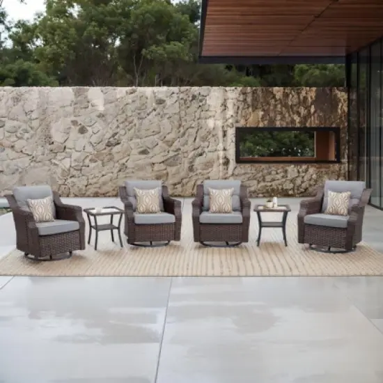 Buenhomino 6-Piece Outdoor Wicker Swivel Rocker Chair Set with 4 Chairs & 2 Tables, All-Weather PE Rattan Glider Chairs with Cushions for Patio image {9}