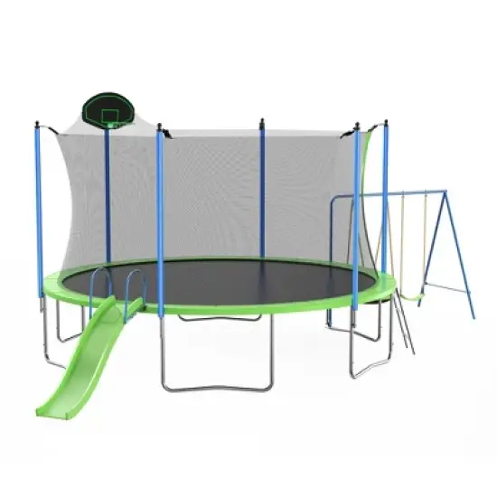 14FT Outdoor Trampoline with Net, Slide and Ladder, 2 Swings and Basketball Hoop image {4}