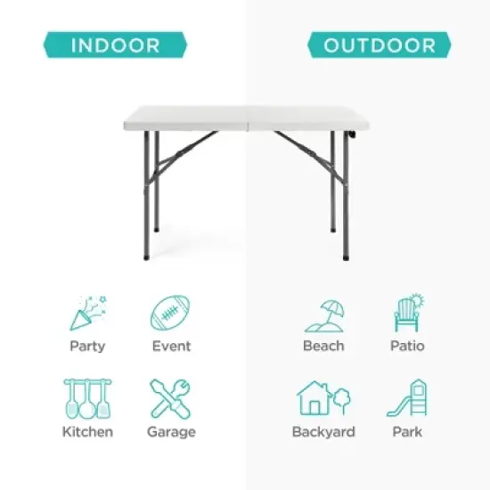 Best Choice Products 4ft Plastic Folding Table, Indoor Outdoor Heavy Duty Portable w/ Handle, Lock for Picnic - White image {2}