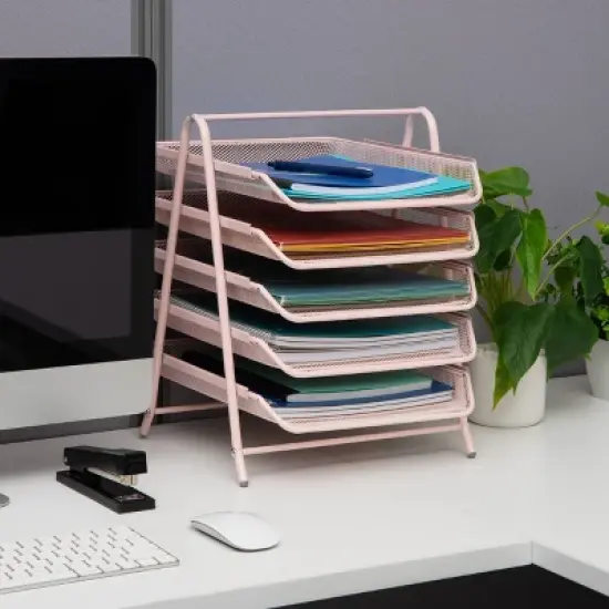 Mind Reader 5-Tier Paper Tray, Desktop Organizer, File Storage, Office, Metal Mesh, 11.75"L x 14"W x 14.5"H, Pink image {1}