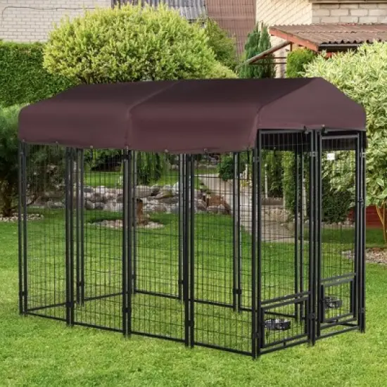 PawHut Outdoor Dog Kennel with Rotating Bowl Holders, Dog Playpen Fence with Waterproof Cover, 8' x 4' x 6', Red image {1}