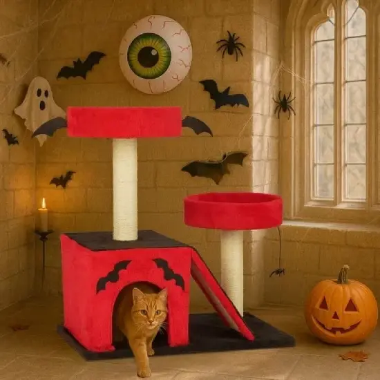 Halloween Gothic Cat Tree with Bat Wings, Spider Toy, Sisal Scratching Posts, Dual Perches & Condo &uml;C Dark Red and Black Cat Tower image {10}
