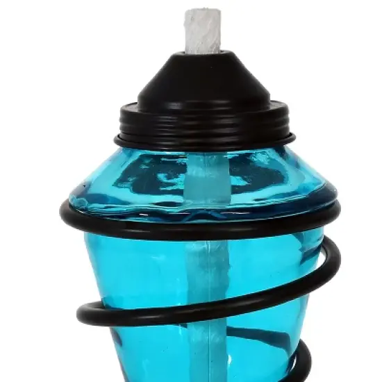 Sunnydaze Outdoor Tabletop Glass and Metal Swirl Patio Table and Lawn Torch Set - Blue image {2}