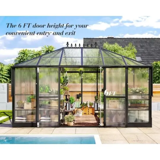 AMERLIFE 14x9.5x9 FT Polycarbonate Greenhouse, Aluminum Frame, Double Doors, 2 Vents, Rain Gutter image {1}