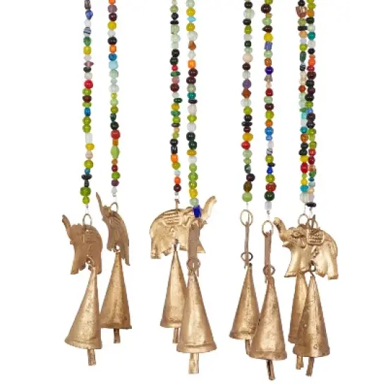 17" x 7" Eclectic Metal Elephant Windchime with Beaded Strands Gold - Olivia & May: Indoor Musical Decor image {2}