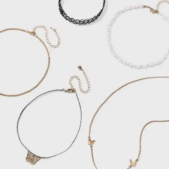 Butterfly and Pearl Heart Choker Necklace Set 5pc - Wild Fable&trade; Gold image {2}