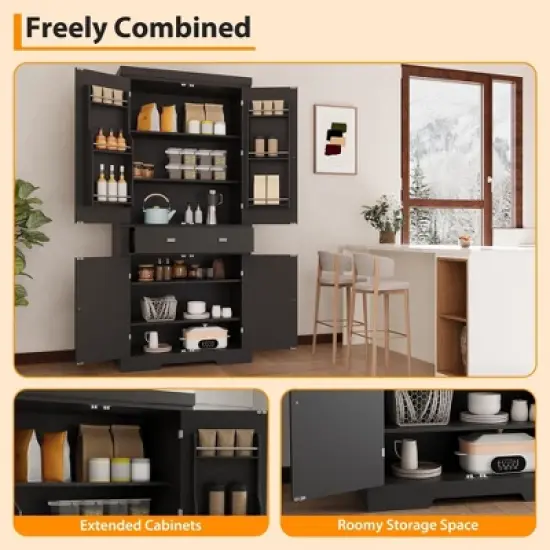 72in Tall Kitchen Pantry Cabinet, Farmhouse Large Cupboard Storage Cabinet with Adjustable Shelves 6 Door Racks for Living Dining Room Laundry image {6}