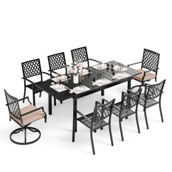 Captiva Designs 9pc Patio Slat-top Adjustable Steel Rectangle Dining Table & Black Metal Chairs image {10}