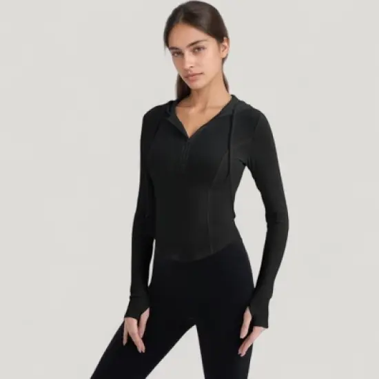 Anna-Kaci Active Women's Long Sleeve Pullover Hoodie Top with Half Zip Front and Thumbhole Cuffs image {1}