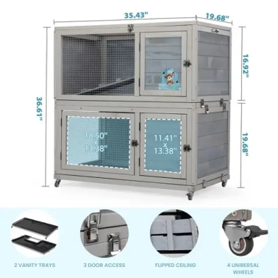 Sevobal Pet Carriers, Double Layer Rabbit Hutch with Wheels, Portable Fence for Yard Living Room, Gray, 35.43"*19.68"*36.61" image {3}