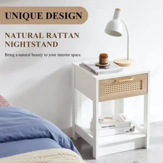 Rattan Nightstand, Modern End Table With Drawer, Nightstand Side Table With Accessories For Living Room Bedroom image {2}